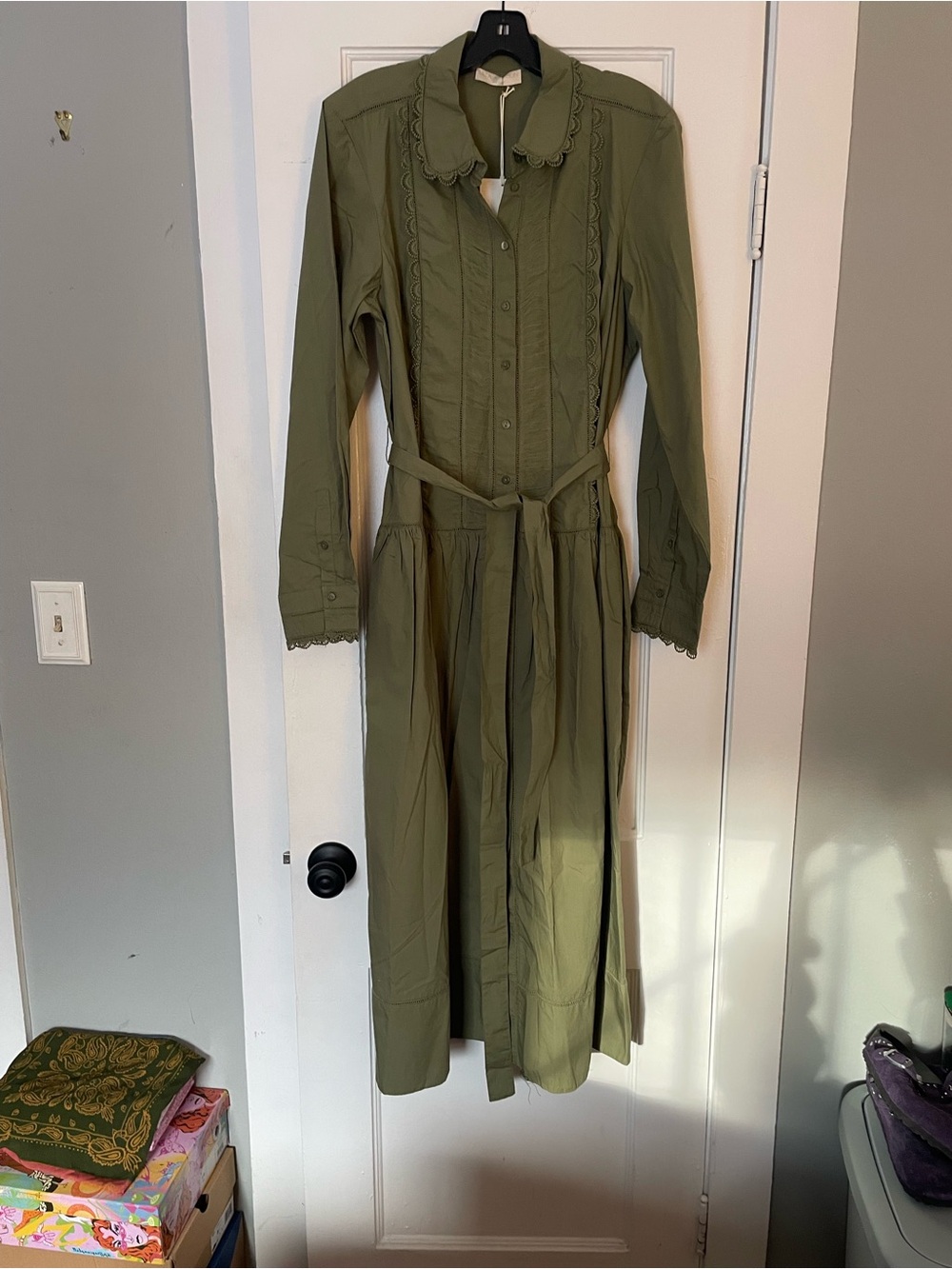 Ulla Johnson Olive Green Long Sleeve Button-Front Midi Dress